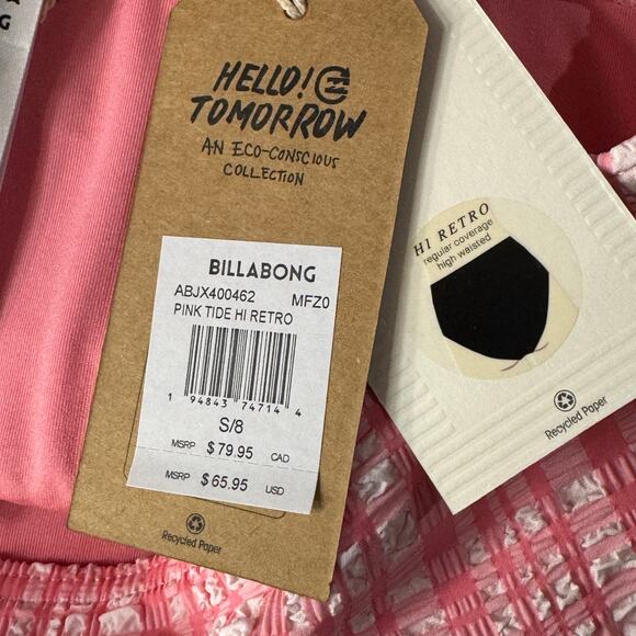 Billabong Small (8) Hi Retro Swim Bottoms High Waisted Lined Plaid Pink Tide New - Picture 7 of 8